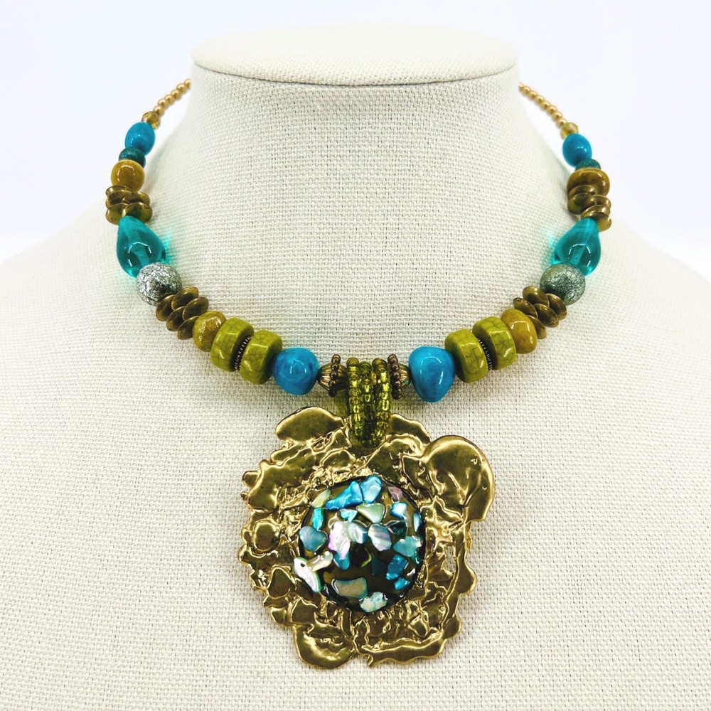 Turquoise Gold Pendant Choker Necklace Teal Abalone Statement Boho Memory Wire
